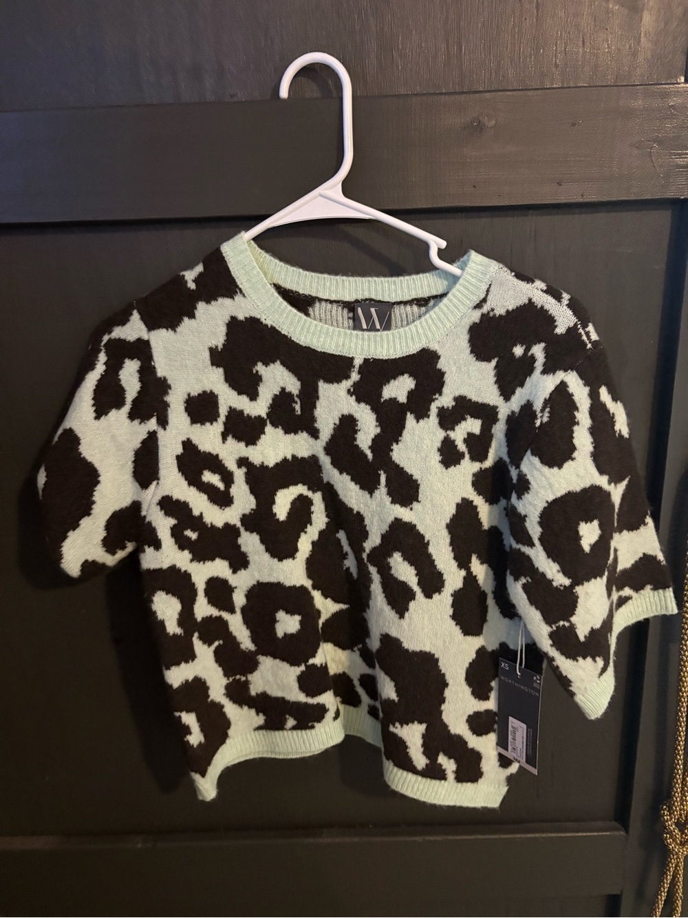 Worthington Mint and Black Leopard Short-Sleeve Knit Sweater